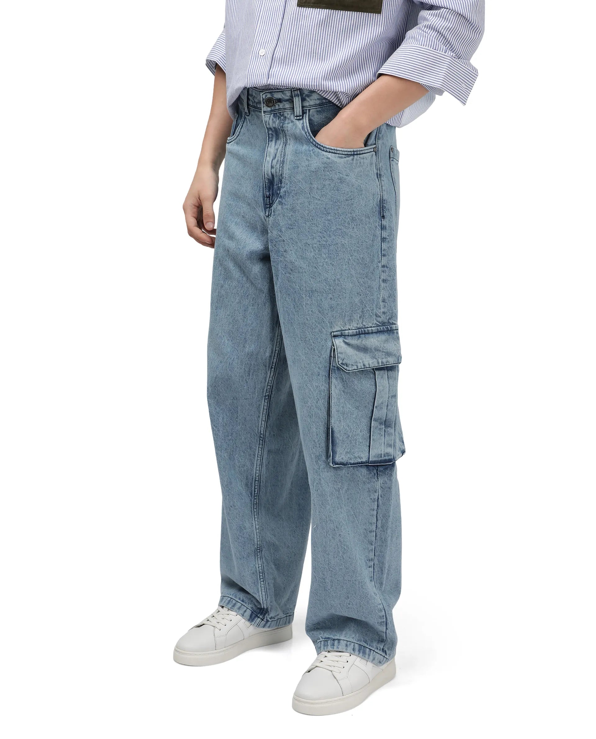 Hipster Skinny Men's JeansRare Rabbit Men's Baey Blue Cotton Fabric Mid Wash Baggy Fit Cargo Style Solid Jeans