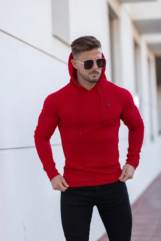 Men's Hoodies with Hidden ZippersFather Sons Classic Red Ribbed Knit Hoodie Jumper With Black Emblem - FSH620 Men's Hoodies with Hidden ZippersFather Sons Classic Red Ribbed Knit Hoodie Jumper With Black Emblem - FSH620