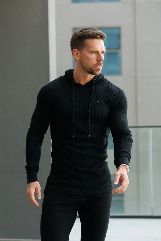 Men's Hoodies with Reinforced StitchingFather Sons Classic Black Ribbed Knit Hoodie Jumper With Black Emblem - FSH1307 Men's Hoodies with Reinforced StitchingFather Sons Classic Black Ribbed Knit Hoodie Jumper With Black Emblem - FSH1307