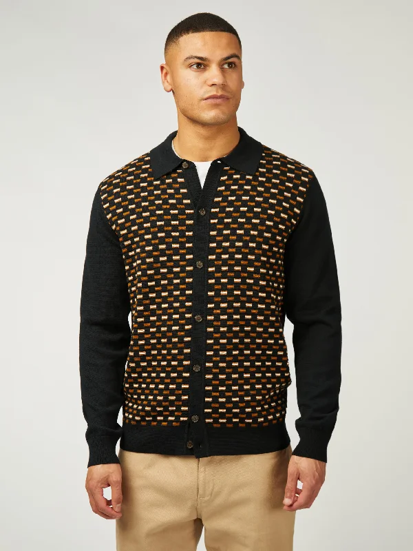 Men's Sweaters with Pleated DesignsButton Through Polo - Black