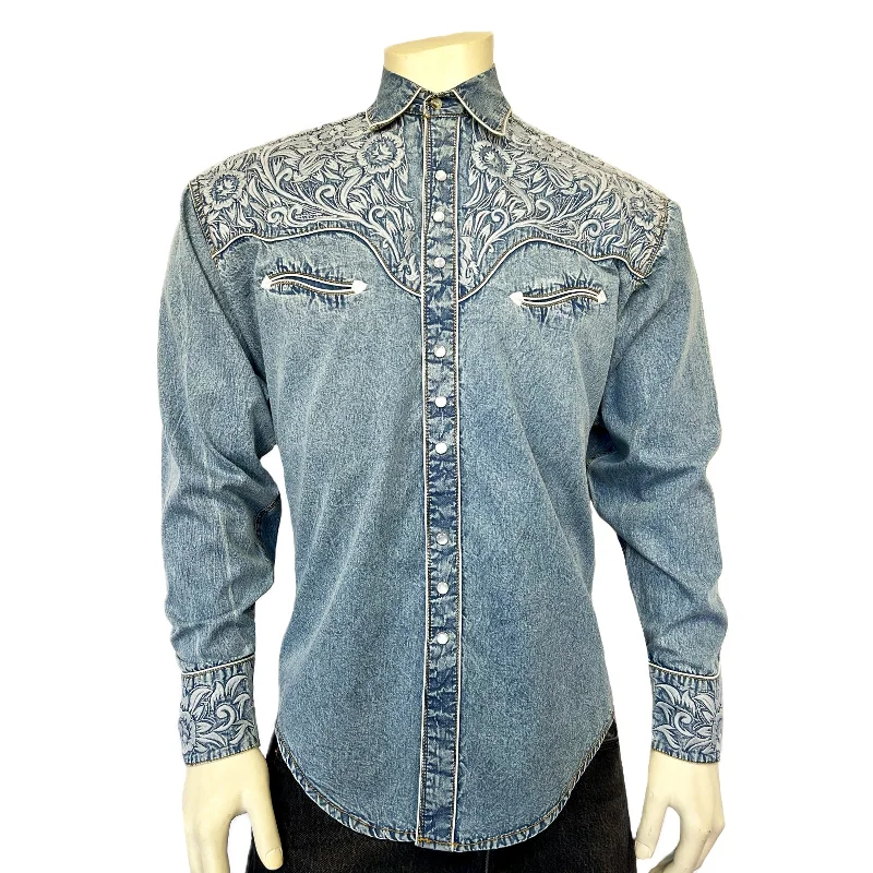 Wash and Wear Men's JeansMen's Vintage Denim & Blue Tooling Embroidered  Western Shirt