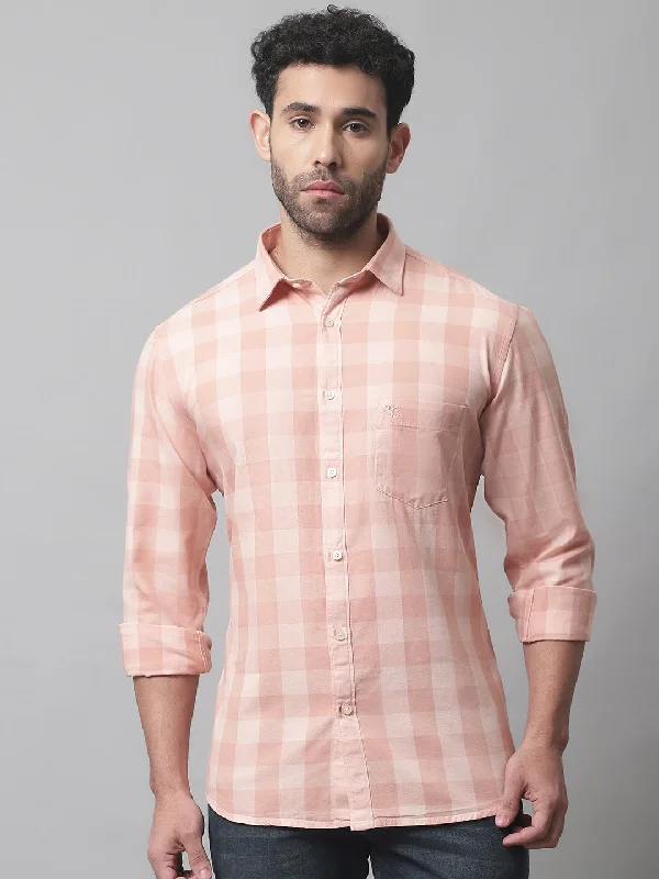 Men's French-Cuff Shirts for a Sophisticated EdgeMen's Light Peach Casual Medium Checks Full Sleeve Shirt Men's French-Cuff Shirts for a Sophisticated EdgeMen's Light Peach Casual Medium Checks Full Sleeve Shirt
