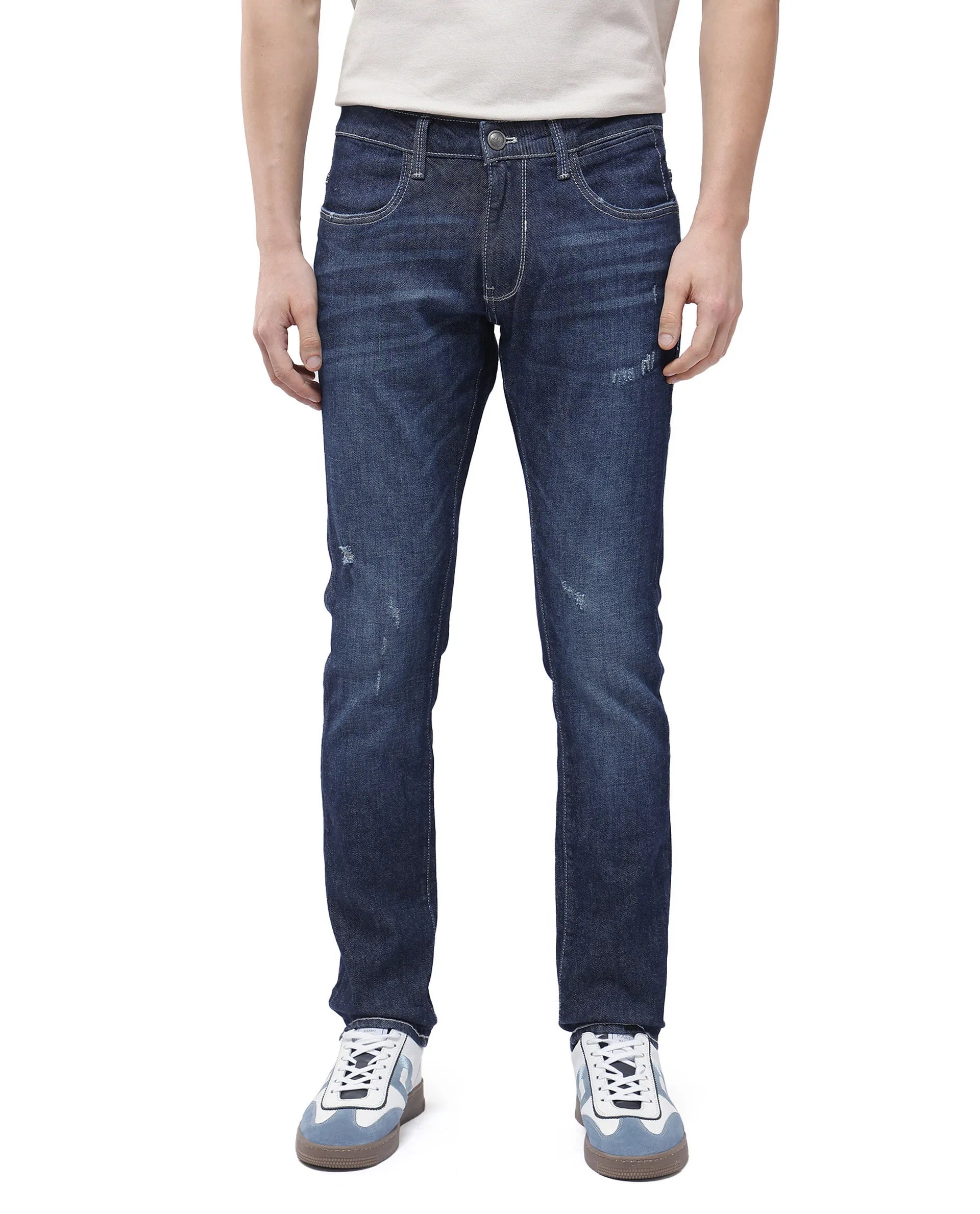 Wash and Wear Men's JeansRare Rabbit Men Yuri Dark Blue Cotton Spandex Fabric Slim Fit Mid Wash Distressed Solid Denim Pant