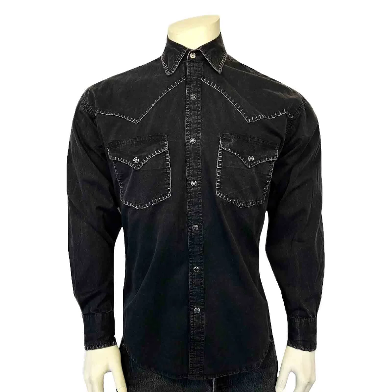Inexpensive Men's JeansMen's Black Stonewashed Denim Blanket Stitch Western Shirt