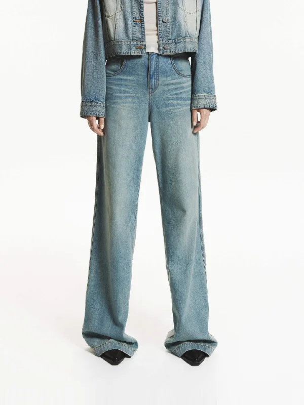 Leather Patch Embellished Men's JeansWhisker Detail Straight Jeans