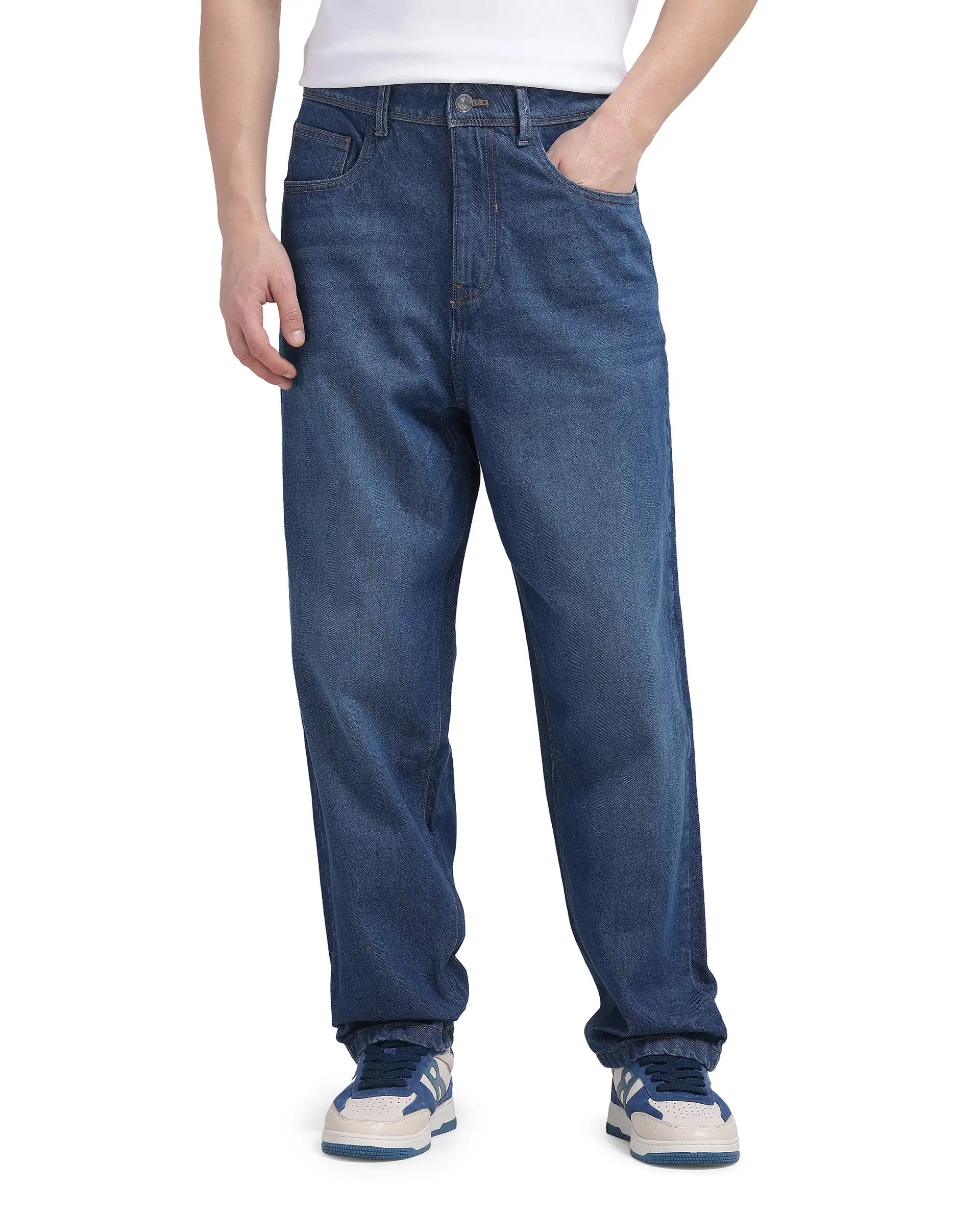 Affordable Men's JeansRare Rabbit Men's Evet Blue Cotton Fabric Mid Rise Baggy Fit Plain Jeans Affordable Men's JeansRare Rabbit Men's Evet Blue Cotton Fabric Mid Rise Baggy Fit Plain Jeans