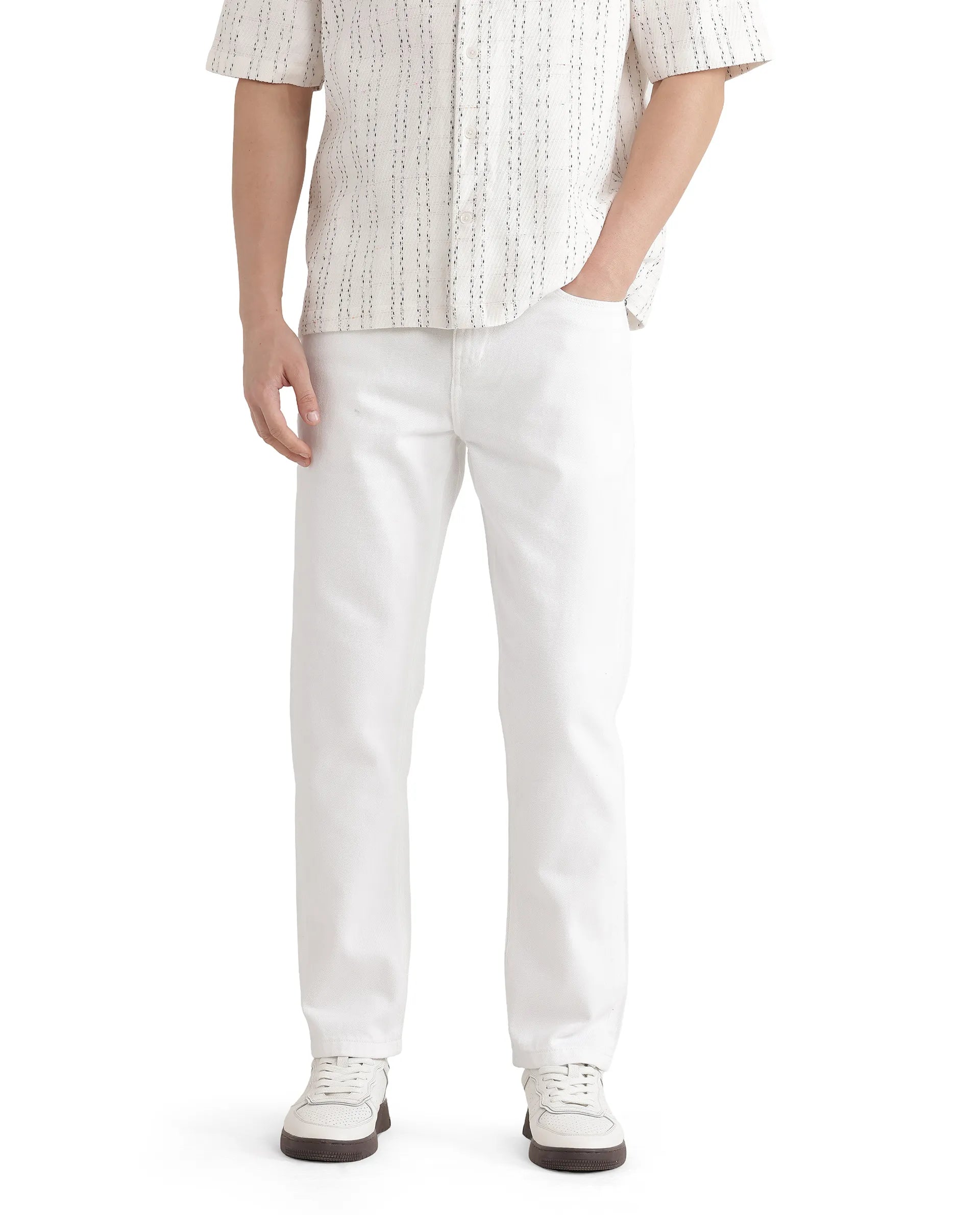 Men's Jeans with RipsRare Rabbit Men Gleb White Cotton Fabric Carrot Fit Plain Denim Pant