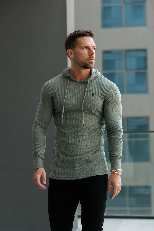 Men's Hoodies with Reinforced CuffsFather Sons Classic Olive Ribbed Knit Hoodie Jumper With Black Emblem - FSH1308 Men's Hoodies with Reinforced CuffsFather Sons Classic Olive Ribbed Knit Hoodie Jumper With Black Emblem - FSH1308