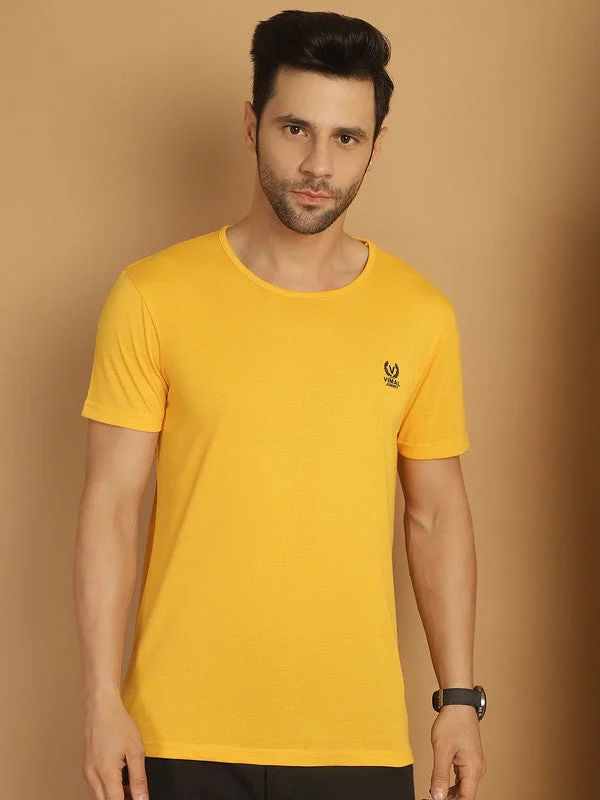 Men's Shirts with Elastic WaistbandsMack Jonney Round Neck Cotton Solid Yellow T-Shirt for Men Men's Shirts with Elastic WaistbandsMack Jonney Round Neck Cotton Solid Yellow T-Shirt for Men