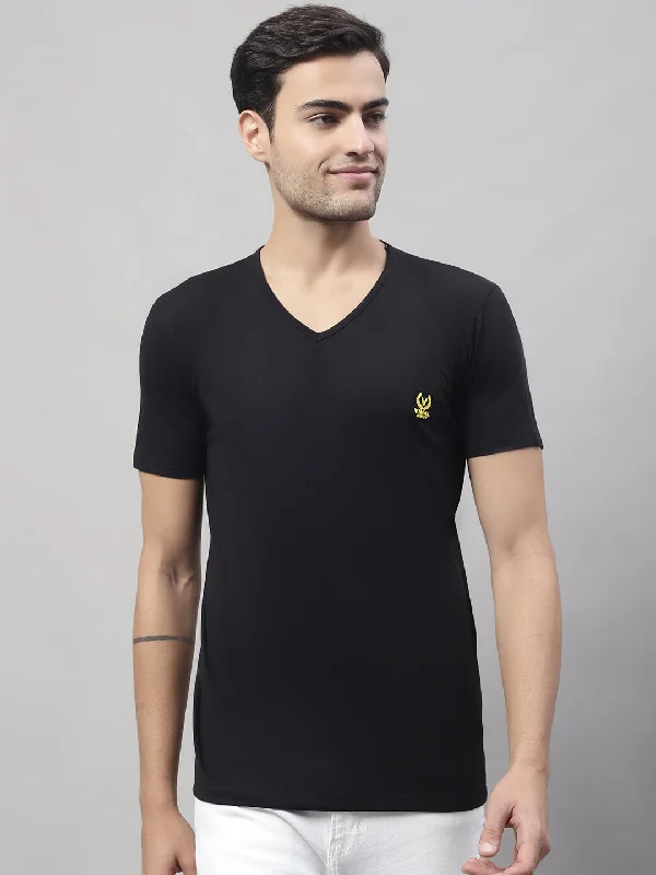 Men's Shirts with Embellished SleevesMack Jonney V Neck Cotton Solid Black T-Shirt for Men Men's Shirts with Embellished SleevesMack Jonney V Neck Cotton Solid Black T-Shirt for Men