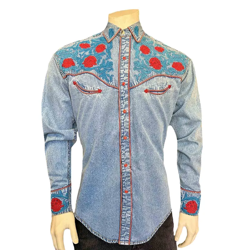 Premium Quality Men's Jeans for Every OccasionMen’s Vintage Denim Red Floral & Turquoise Embroidered Western Shirt