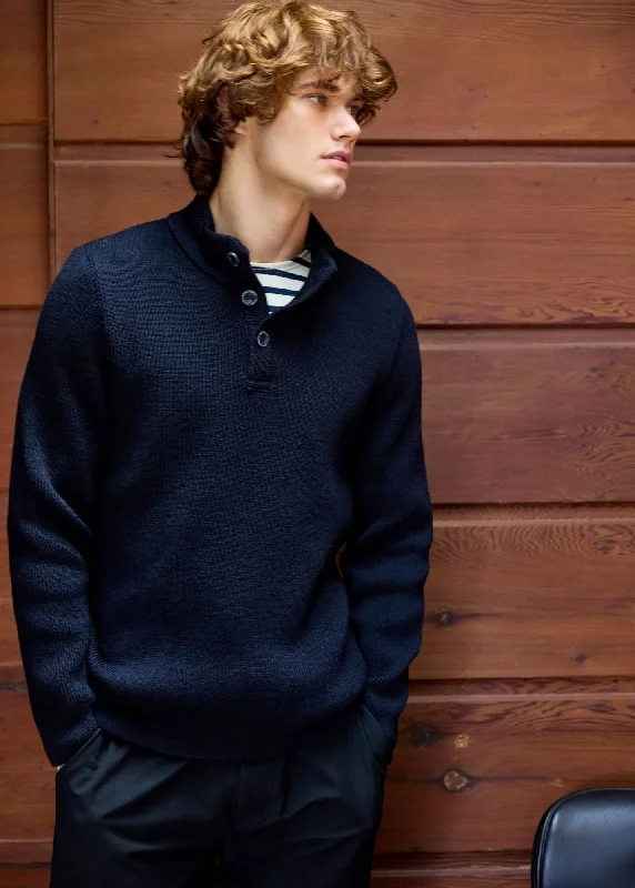 Men's Sweaters with High-Neck DesignsBOURBOULE - Buttoned High Collar Sweater for Men | Comfort Fit | 100% Wool (NAVY)