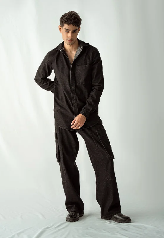 Men's Ripped JeansButton Down Denim Shirt - Black