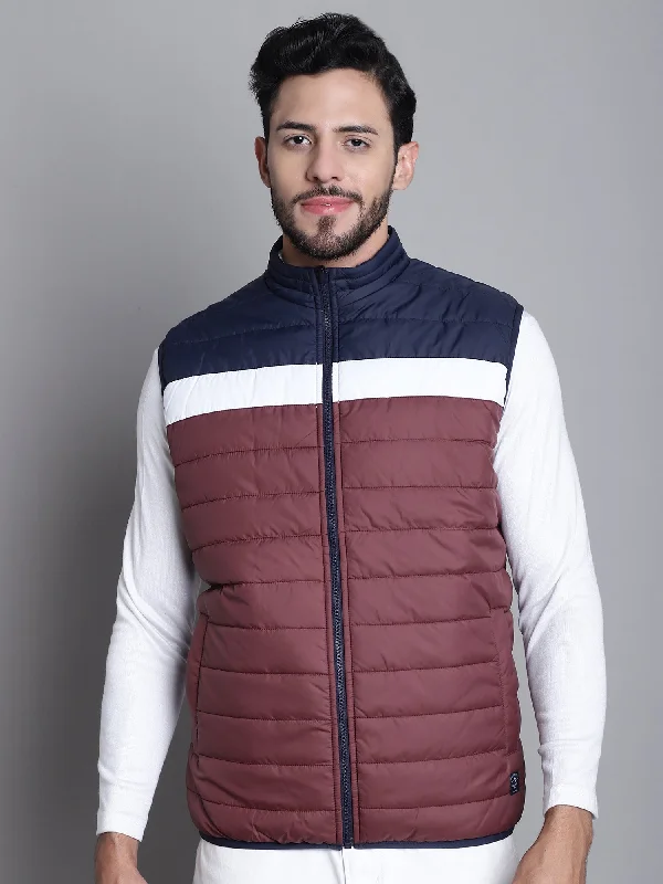 Best Men's Leather CoatsColor-blocked Wine and Navy Sleeveless Mock Collar Regular Fit Reversible Casual Jacket For Mens