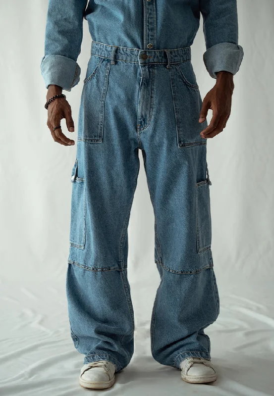 Men's Jeans with RipsStraight Fit Cargo Pocket Jeans - Mid Blue