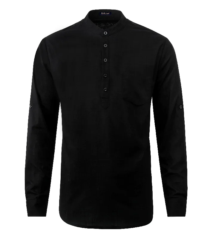 Men's Spread-Collar Shirts for a Bold StatementMen‘s Henley Shirt Cotton Linen with Pocket - BLACK Men's Spread-Collar Shirts for a Bold StatementMen‘s Henley Shirt Cotton Linen with Pocket - BLACK
