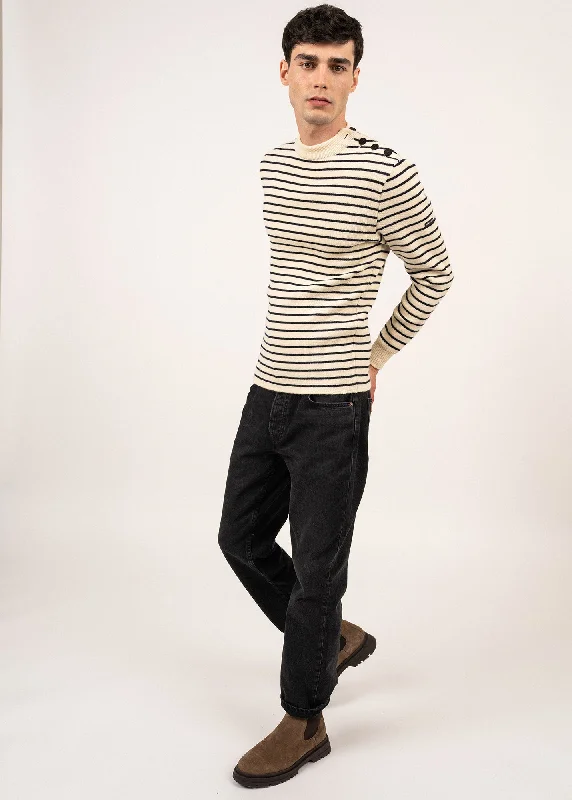 Chic Men's Cashmere SweatersMATELOT - Authentic Striped Wool Fisherman Sweater with Button Shoulder |Slim Fit (ECRU / NAVY) Chic Men's Cashmere SweatersMATELOT - Authentic Striped Wool Fisherman Sweater with Button Shoulder |Slim Fit (ECRU / NAVY)