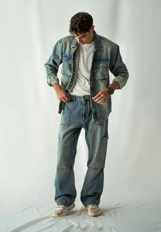 Jeans for Men with Skinny LegsDenim Over Shirt With Flap Pockets Overdyed