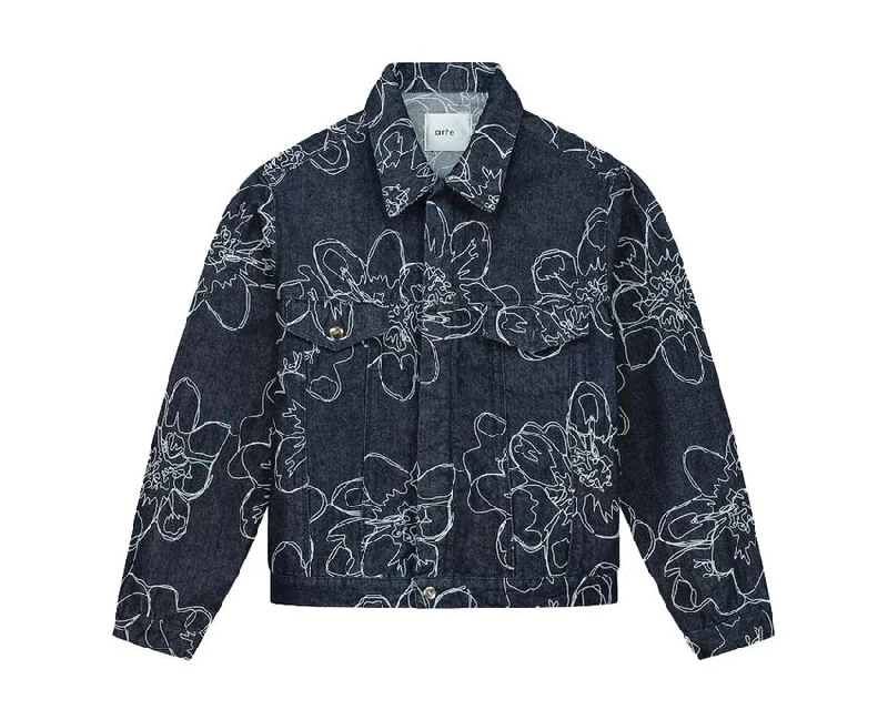 Men's Coats for BikingArte Flower Stitch Denim Jacket