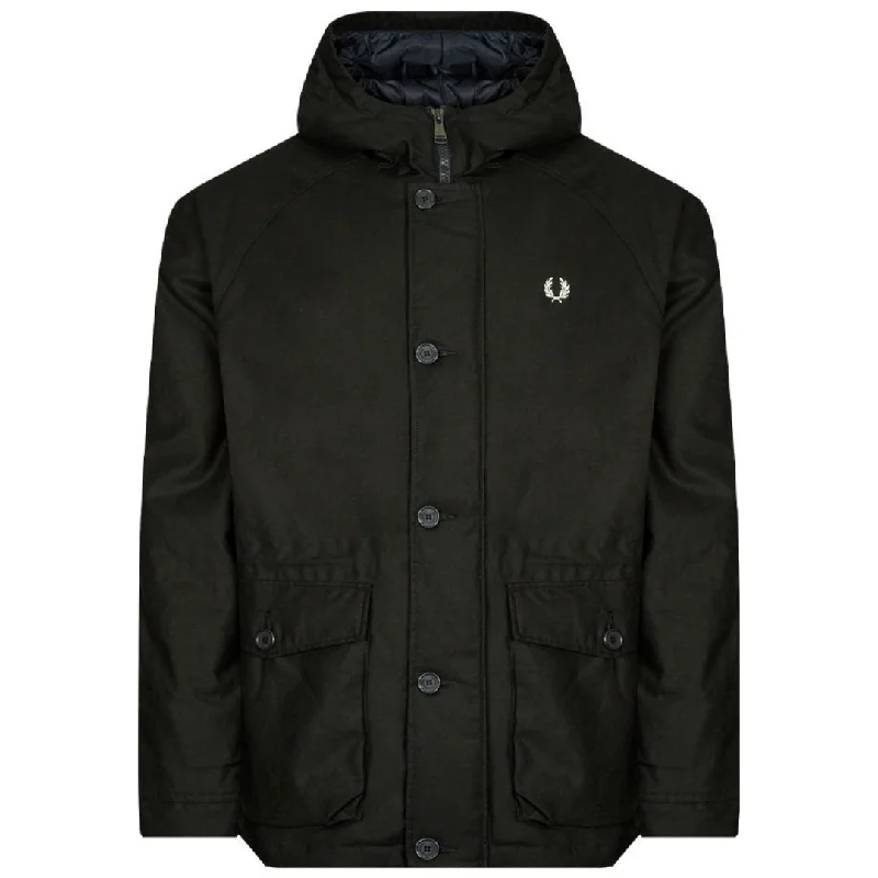Men's Coats with Contrast StitchingFred Perry Short Cotton Twill Parka Night Green Hooded Jacket Men's Coats with Contrast StitchingFred Perry Short Cotton Twill Parka Night Green Hooded Jacket