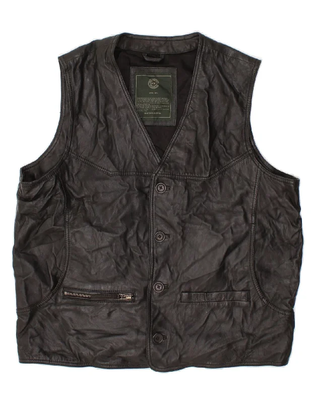 High-Quality Men's Duffle CoatsVINTAGE Mens Leather Gilet IT 56 3XL Black Leather
