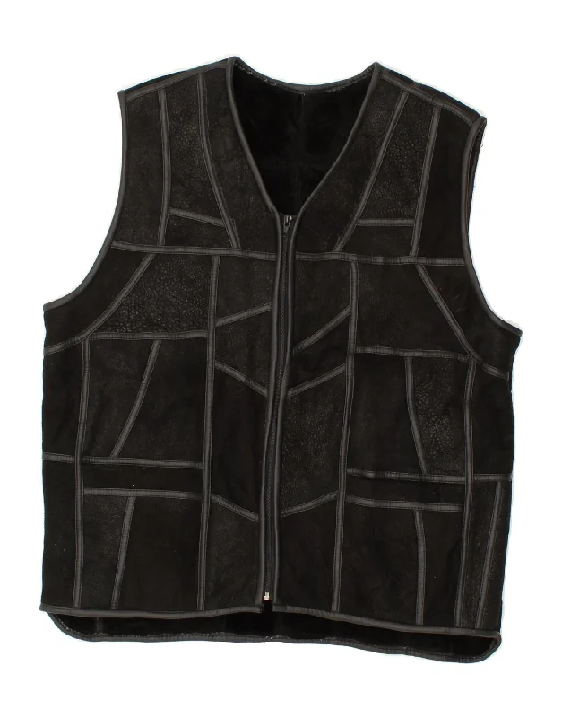 Weather-Resistant Men's CoatsVINTAGE Mens Leather Gilet UK 40 Large Black Geometric